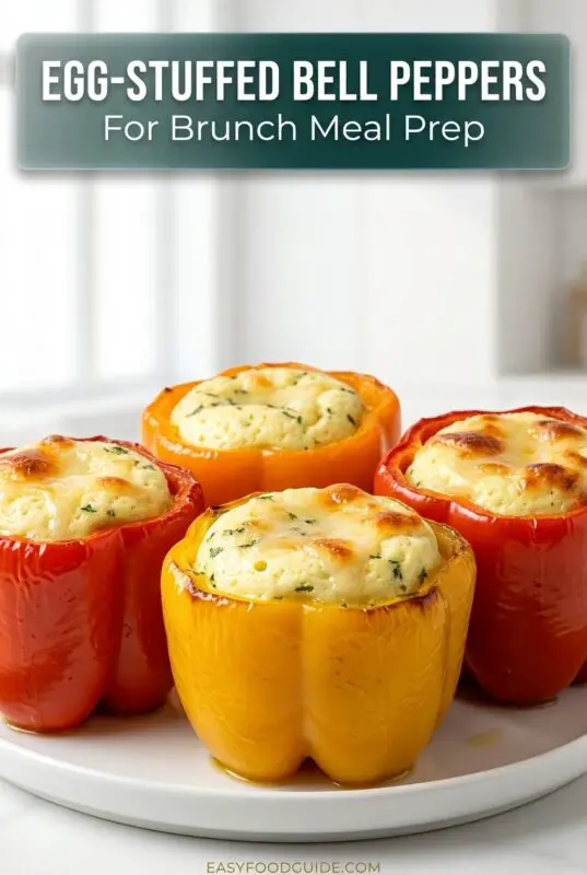 Cheesy egg-stuffed bell peppers filled with scrambled eggs and cheese, garnished with herbs on a rustic table.