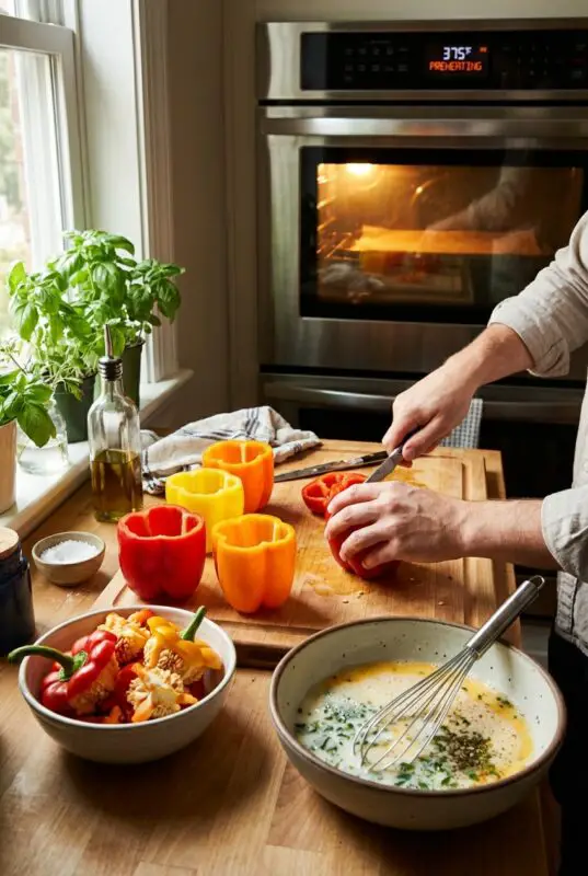 Person slicing the top off a red bell pepper on a wooden cutting board in a bright kitchen, with hollowed red, yellow, and orange peppers nearby, a bowl of chopped peppers, and a bowl of whisked egg mixture with herbs and pepper; an oven preheats in the background.