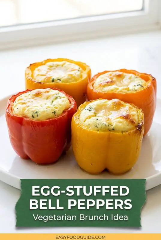 Four colorful bell peppers—red, yellow, and orange—filled with baked egg mixture and lightly browned on top, arranged on a white plate. Text reads “Egg-Stuffed Bell Peppers – Vegetarian Brunch Idea” and “easyfoodguide.com.”