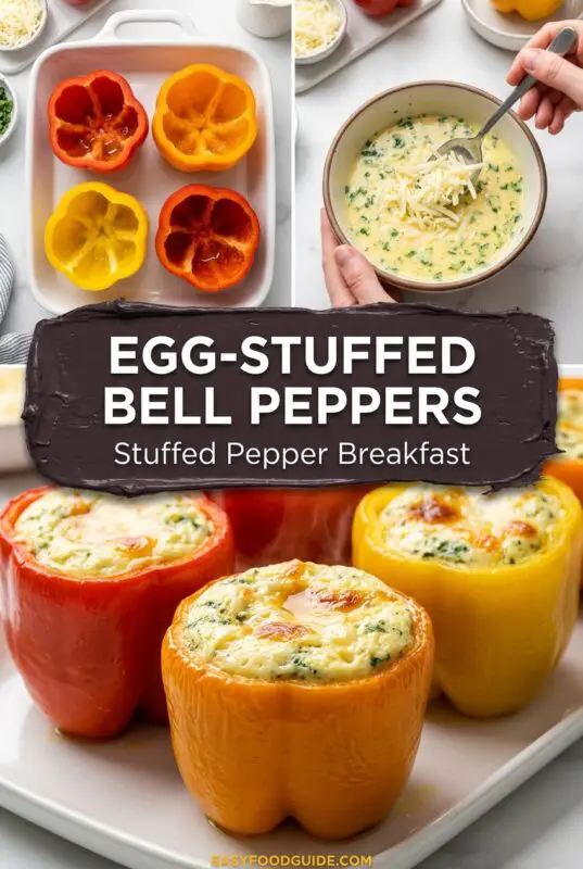 Collage showing halved red, yellow, and orange bell peppers in a baking dish, a bowl of whisked egg mixture with herbs and shredded cheese being stirred, and finished egg-stuffed bell peppers baked until lightly golden. Text reads “Egg-Stuffed Bell Peppers – Stuffed Pepper Breakfast” and “easyfoodguide.com.”