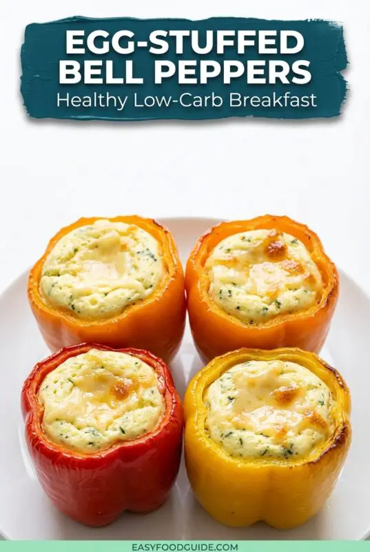 Four colorful bell peppers—two orange, one red, and one yellow—filled with baked egg and herb mixture, lightly browned on top, arranged on a white plate. Text reads “Egg-Stuffed Bell Peppers – Healthy Low-Carb Breakfast” and “easyfoodguide.com.”