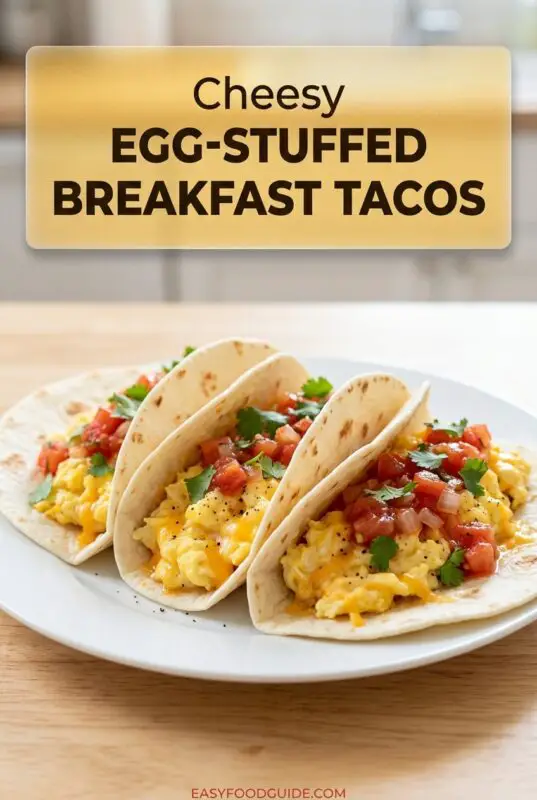 Egg-Stuffed Breakfast Tacos with scrambled eggs, cheese, and salsa on a wooden table.