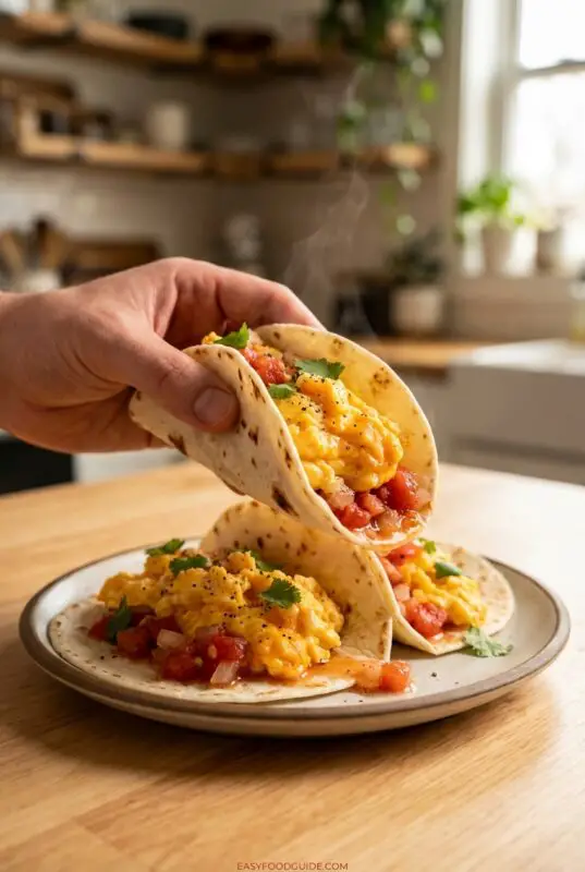 egg-stuffed-tacos-3a A hand holding a warm breakfast taco filled with scrambled eggs, diced tomatoes, and cilantro, with two more egg-stuffed tacos on a plate in a cozy, sunlit kitchen in the background.