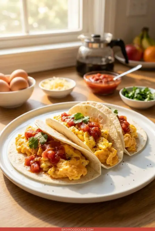 egg-stuffed-tacos-4a Three warm breakfast tacos filled with fluffy scrambled eggs and salsa on a white plate, with bowls of eggs, shredded cheese, salsa, and chopped herbs plus a coffee pot in the sunlit kitchen background.
