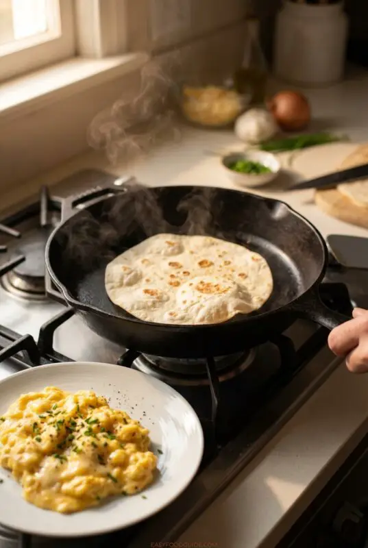 egg-stuffed-tacos-4b A cast-iron skillet on a gas stove heating a steaming flour tortilla, with a plate of creamy scrambled eggs sprinkled with herbs in the foreground and chopped green onions and other ingredients on the kitchen counter in the background.