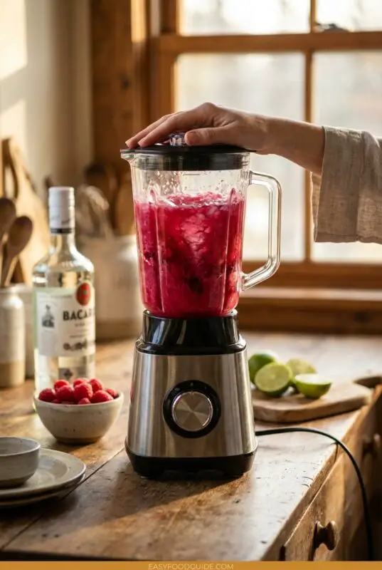 Hand holding the lid of a blender while mixing frozen raspberry daiquiri ingredients until smooth, with a bottle of rum and lime wedges in the background.