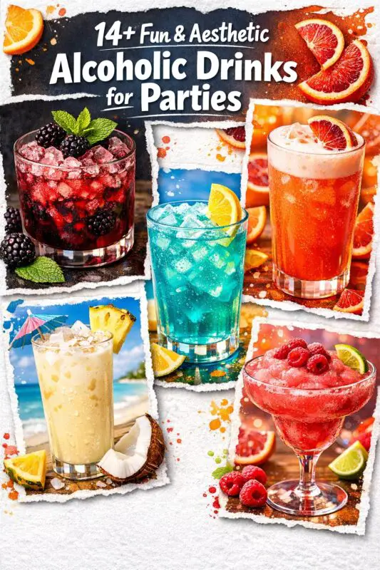 A collage of colorful alcoholic drinks for parties, featuring vibrant cocktails in various glasses with fruit garnishes, set against festive backgrounds.