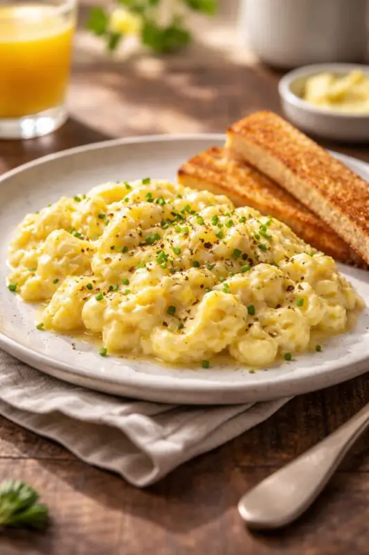 Fluffy scrambled eggs garnished with chives on a white plate, accompanied by golden toast. The setting includes a glass of orange juice in the background.