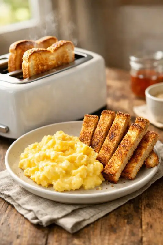 A plate of creamy scrambled eggs with toast sticks on rustic wood. A white toaster with steaming toast in the background evokes a warm breakfast scene.