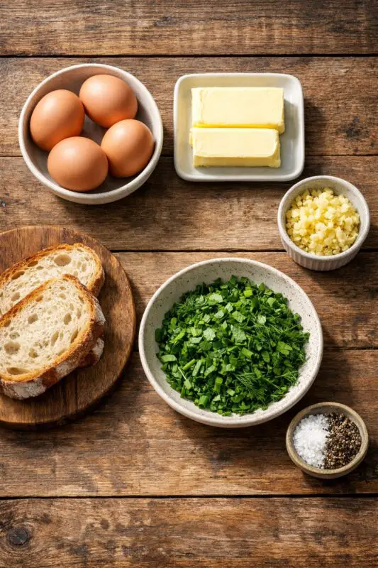 Ingredients for a recipe on a wooden table: four eggs, two butter sticks, chopped garlic, sliced bread, fresh herbs, salt, and pepper.
