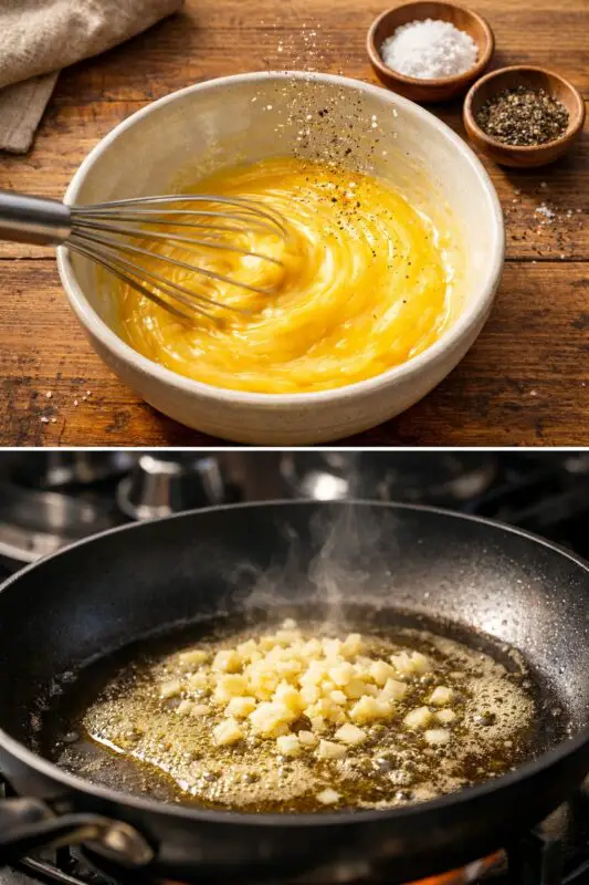 A bowl of whisked eggs with salt and pepper on a rustic table. Below, steaming garlic sautéing in a sizzling, black skillet, creating an inviting aroma.