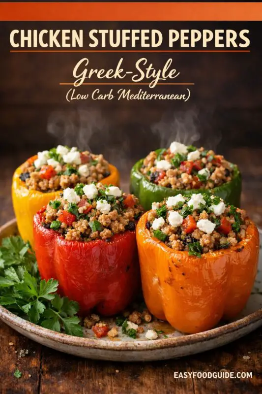 Four colorful bell peppers stuffed with seasoned chicken, quinoa, and feta are on a rustic plate, garnished with fresh parsley. Text reads "Chicken Stuffed Peppers, Greek-Style."