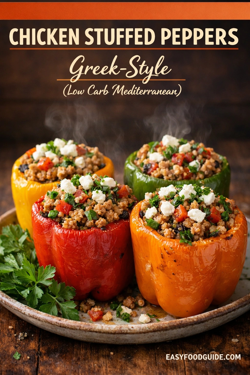 Four colorful bell peppers stuffed with seasoned chicken, quinoa, and feta are on a rustic plate, garnished with fresh parsley. Text reads "Chicken Stuffed Peppers, Greek-Style."