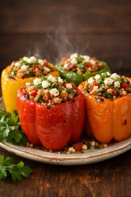 Four steamed bell peppers in red, yellow, and green, filled with a mixture of couscous, vegetables, and herbs, arranged on a rustic plate.