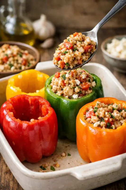 Four vibrant bell peppers—red, yellow, green, and orange—are filled with a quinoa and vegetable mix in a baking dish. A spoon holds more filling. Rustic and inviting.