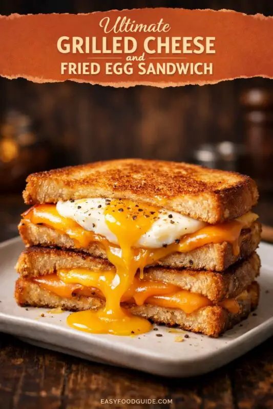 Grilled cheese sandwich with a fried egg, served on a wooden board with potato chips.
