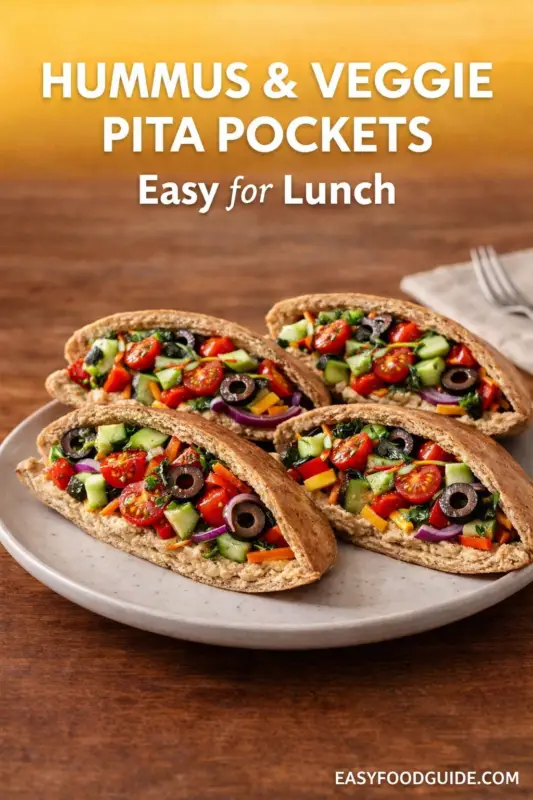 Hummus and veggie pita pockets filled with cherry tomatoes, cucumbers, olives, and carrots on a plate, promoting an easy lunch idea.