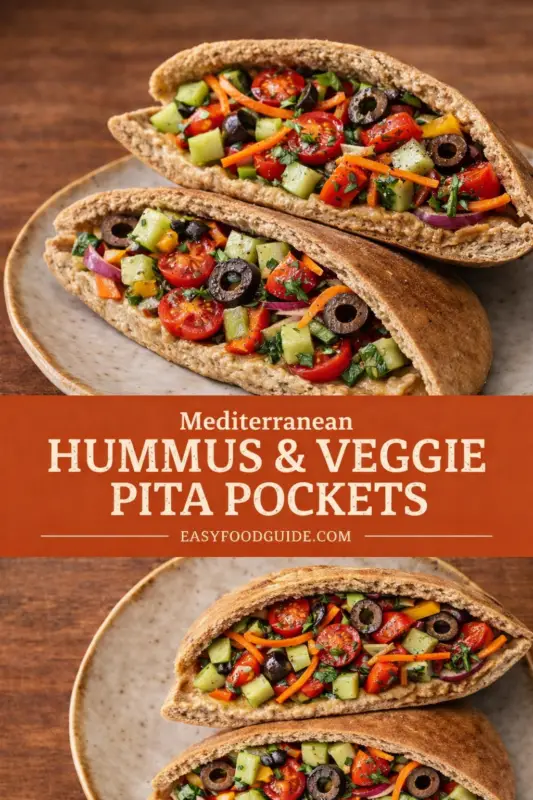 hummus-veggie-pita-2 Plated Mediterranean pita pockets filled with hummus, cherry tomatoes, cucumbers, carrots, and olives. Text reads “Mediterranean Hummus & Veggie Pita Pockets.”
