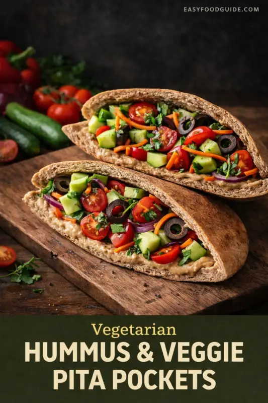 hummus-veggie-pita-3 Vegetarian hummus and veggie pita pockets filled with colorful veggies like cherry tomatoes, cucumbers, and olives on a wooden board. Text overlay.
