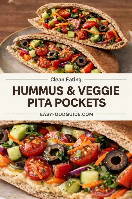 hummus-veggie-pita-4 Two whole wheat pita pockets filled with colorful vegetables like cherry tomatoes, cucumbers, olives, carrots, and hummus. Text reads "Clean Eating Hummus & Veggie Pita Pockets" from easyfoodguide.com. The tone is fresh and vibrant.