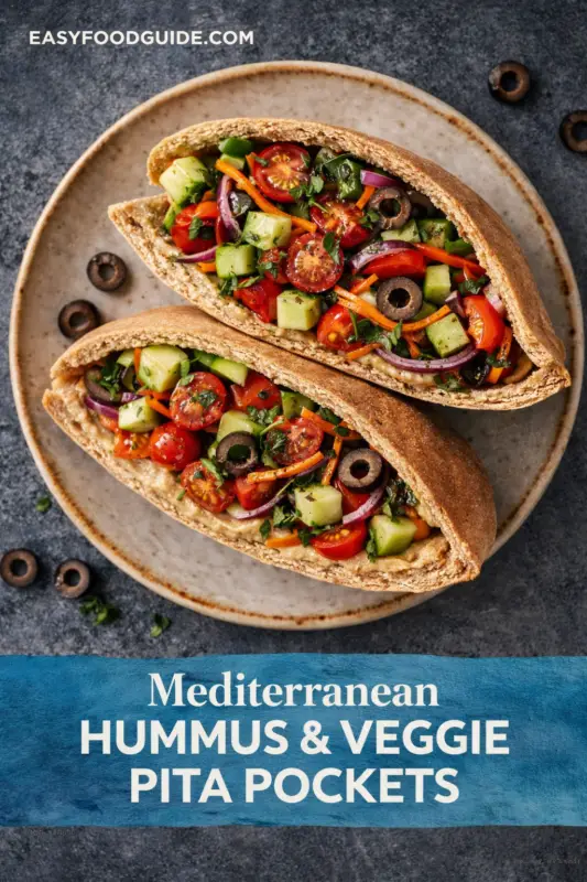 hummus-veggie-pita-5 Two pita pockets filled with colorful veggies, hummus, olives, and herbs on a beige plate. Text reads "Mediterranean Hummus & Veggie Pita Pockets."
