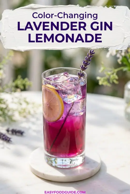 A vibrant purple Lavender Gin Lemonade garnished with lemon and lavender on a wooden table.