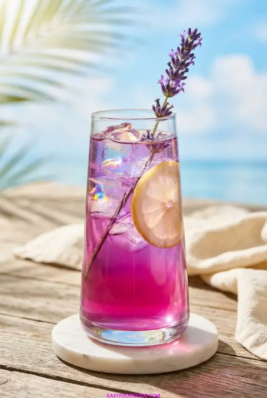 lavender-gin-lemonade-4 Tall glass of vibrant purple lavender gin lemonade filled with ice and garnished with a lemon wheel and fresh lavender sprig, sitting on a white coaster against a beach background.