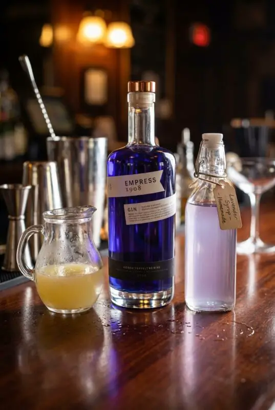 lavender-gin-lemonade-5 Bottle of purple Empress 1908 Gin, a pitcher of fresh lemon juice, and a bottle of homemade lavender syrup on a wooden bar counter.