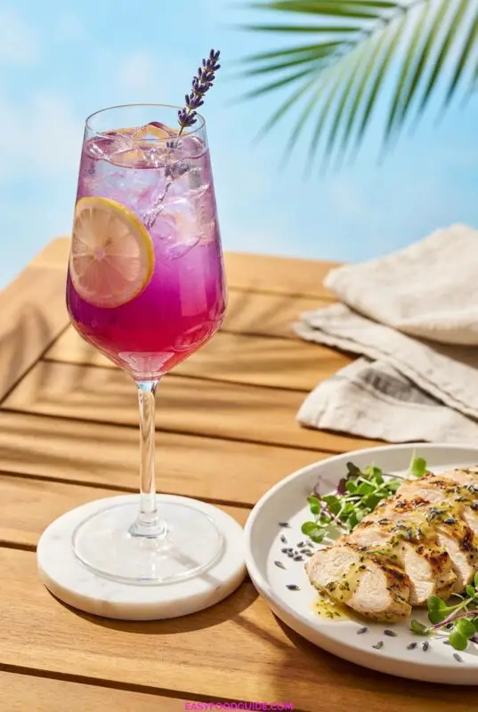 lavender-gin-lemonade-6 Wine glass of purple lavender gin lemonade served alongside a plate of grilled chicken breast with herbs on a wooden outdoor table.