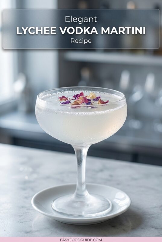 A pale pressed white Lychee Vodka Martini in a coupe glass with dried flower petal garnish on a modern bar counter.
