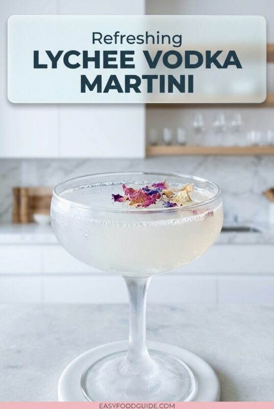 lychee-vodka-martini-3 Elegant coupe glass filled with a pale pink, frothy cocktail garnished with small dried flower petals, set on a modern bar counter with a small dish of dried flowers in the background.