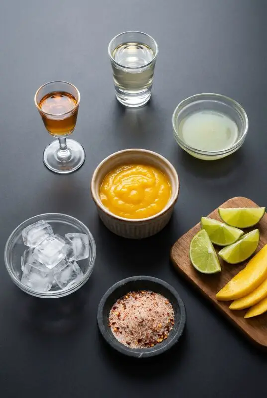 mango-chili-margarita-4a Overhead shot of mango chili margarita ingredients arranged on a dark surface, including tequila, orange liqueur, mango puree, lime juice, ice cubes, chili-lime salt, and fresh lime wedges and mango slices on a small wooden board.