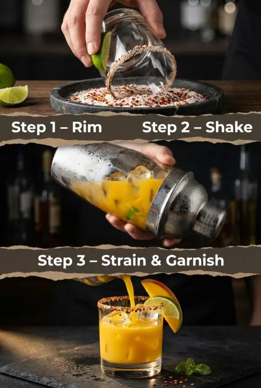 mango-chili-margarita-4b Three-step collage for making a mango chili margarita: rimming a glass in chili-lime salt, shaking the drink with ice in a cocktail shaker, then straining it into the rimmed glass and garnishing with a lime wheel and mango slice.