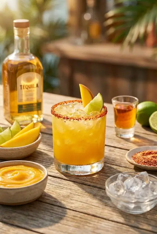 mango-chili-margarita-4c Sunlit outdoor scene featuring a mango chili margarita in a chili-salt–rimmed glass garnished with a lime wedge and mango slice, surrounded by tequila, mango puree, lime wedges, chili salt, and ice on a rustic wooden table.
