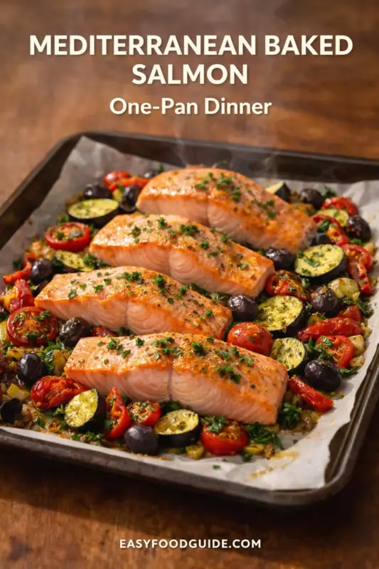 A baking tray with four salmon fillets, garnished with herbs, surrounded by roasted cherry tomatoes, zucchini slices, and black olives. Text reads, "Mediterranean Baked Salmon, One-Pan Dinner."