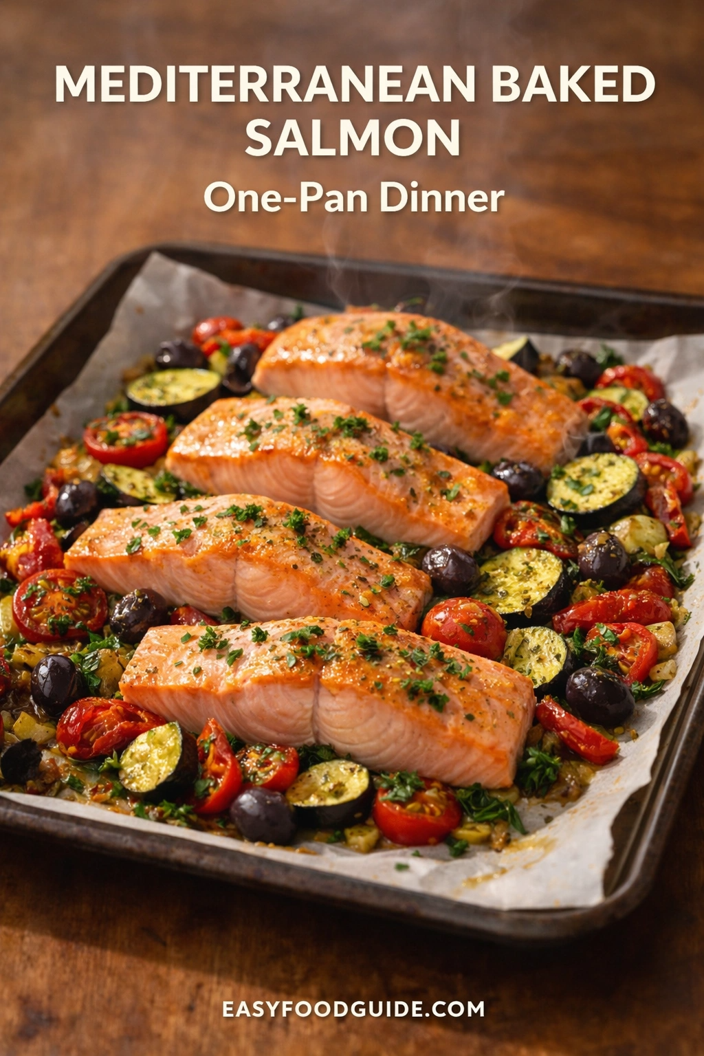 A baking tray with four salmon fillets, garnished with herbs, surrounded by roasted cherry tomatoes, zucchini slices, and black olives. Text reads, "Mediterranean Baked Salmon, One-Pan Dinner."