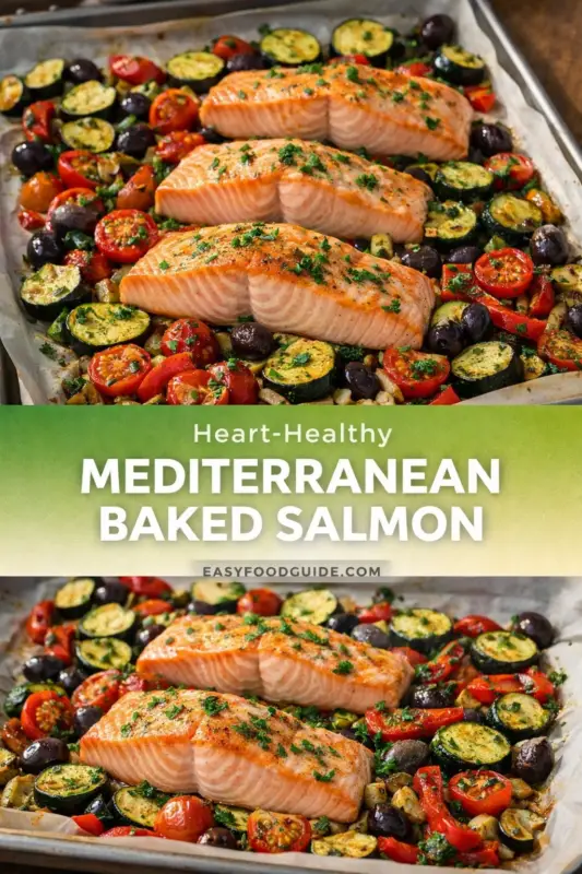mediterranean-baked-salmon-2 Three succulent salmon fillets on a baking tray surrounded by vibrant roasted zucchini, cherry tomatoes, and olives. Text reads "Heart-Healthy Mediterranean Baked Salmon."