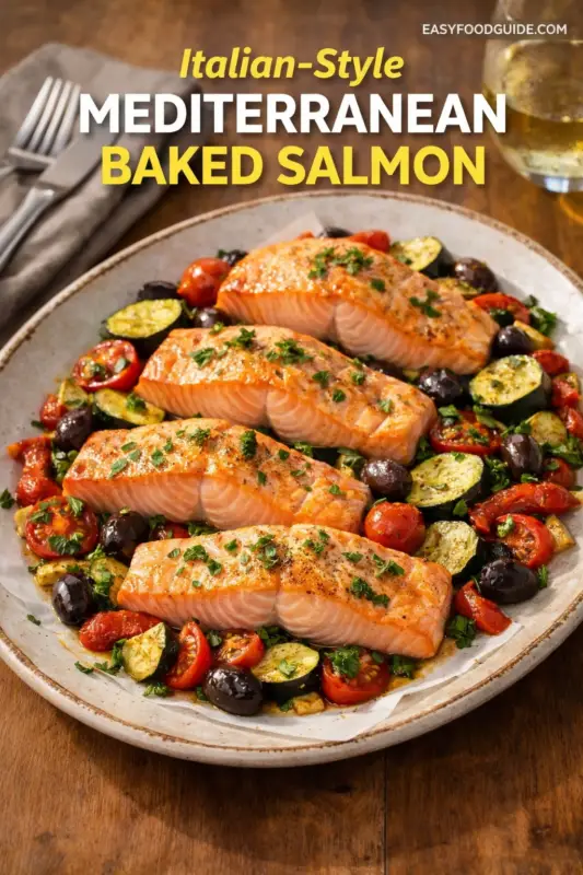 mediterranean-baked-salmon-3 Italian-Style Mediterranean baked salmon on a platter with cherry tomatoes, zucchini, and olives. The dish looks vibrant and appetizing.