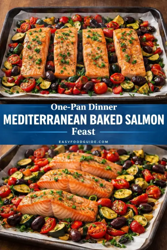 mediterranean-baked-salmon-4 Four salmon fillets baked with colorful cherry tomatoes, zucchini, red peppers, and olives on a tray, garnished with herbs. Text: "One-Pan Dinner Mediterranean Baked Salmon Feast."