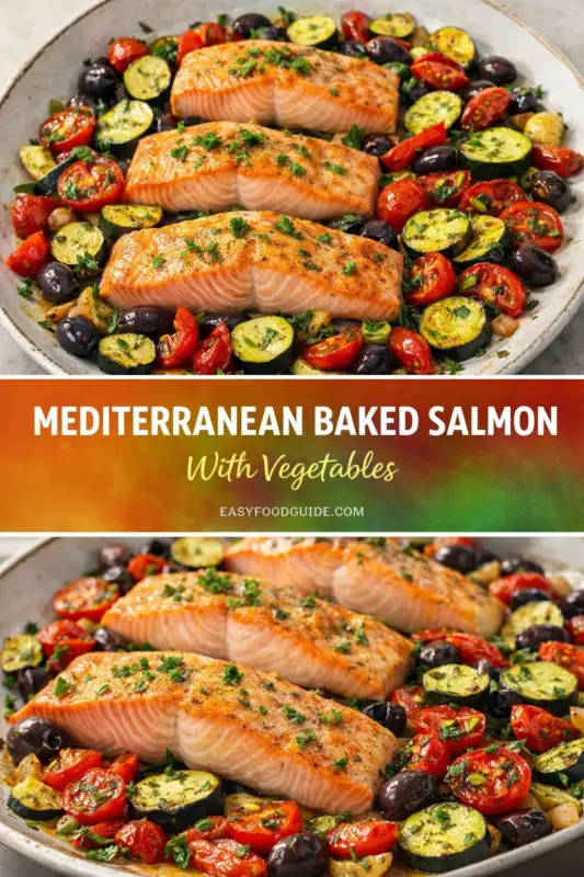 mediterranean-baked-salmon-6 Plated Mediterranean baked salmon with zucchini, tomatoes, and olives, garnished with herbs. Text reads "Mediterranean Baked Salmon With Vegetables."