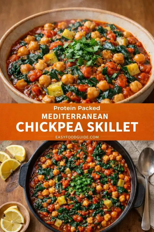 mediterranean-chickpea-tomato-skillet-2-used A hearty Mediterranean chickpea skillet with spinach, tomatoes, and zucchini, garnished with fresh cilantro and served with lemon slices.
