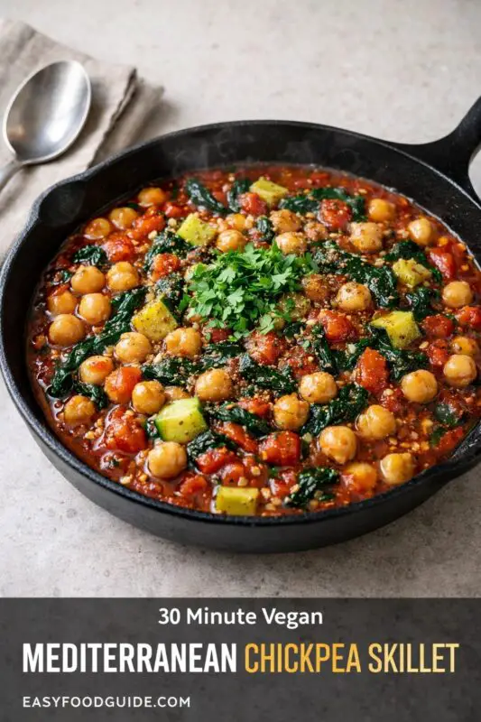 mediterranean-chickpea-tomato-skillet-3-used A colorful Mediterranean chickpea skillet with chickpeas, tomatoes, and greens, topped with fresh parsley in a cast-iron pan.