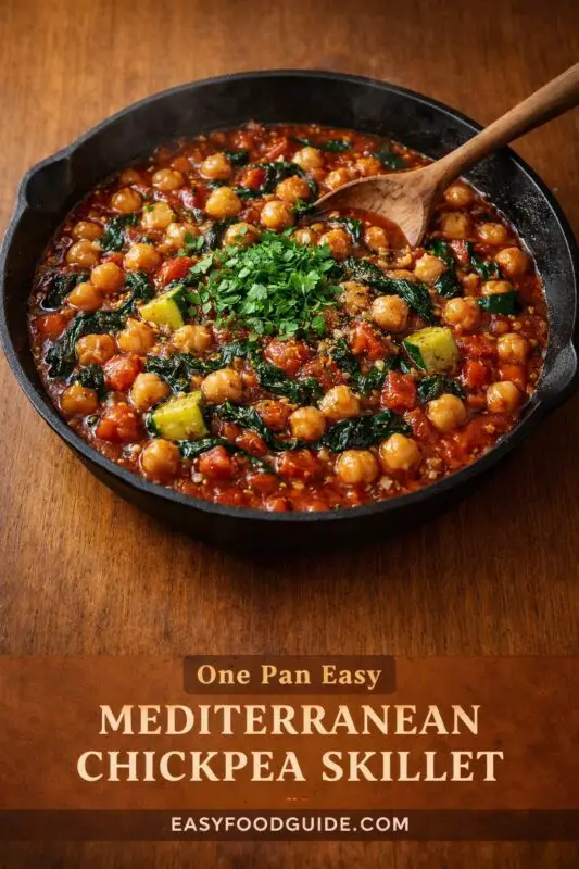 mediterranean-chickpea-tomato-skillet-5 A skillet filled with Mediterranean chickpea stew, featuring chickpeas, tomatoes, greens, and garnished with fresh herbs.