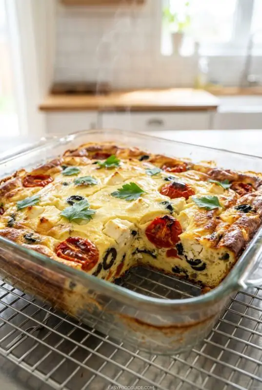 A freshly baked Mediterranean egg casserole in a clear glass baking dish, showing golden-brown eggs with roasted cherry tomatoes, black olives, and feta cheese, garnished with parsley leaves, cooling on a wire rack in a bright kitchen.