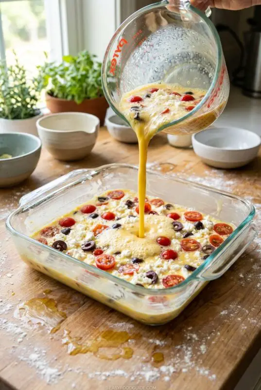 Pouring a beaten egg mixture with cheese and veggies from a glass measuring cup into a square glass baking dish already containing cherry tomatoes, black olives, and feta cheese, preparing a Mediterranean egg bake.