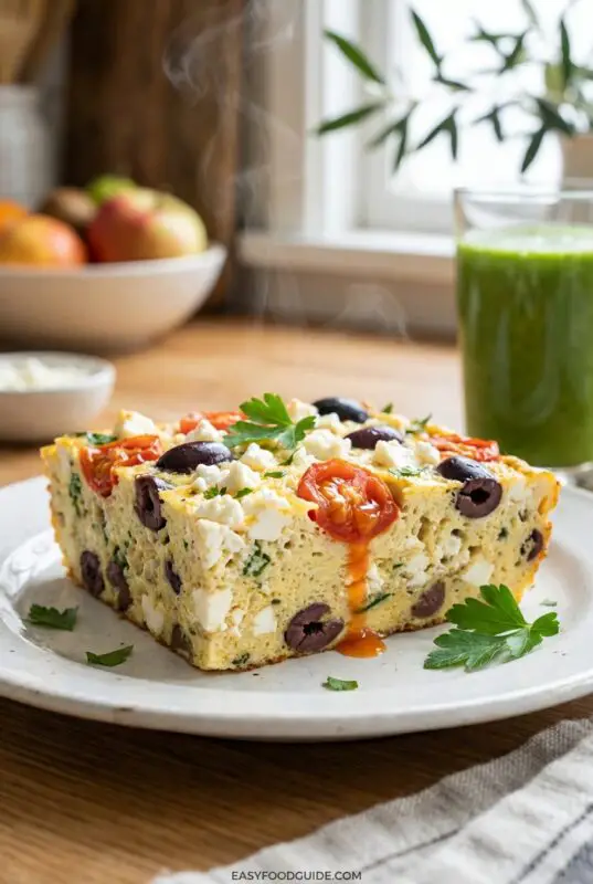 A thick square slice of Mediterranean egg casserole on a white plate, showing fluffy eggs packed with black olives, feta cheese, and roasted tomatoes, with steam rising and a green smoothie in the background.
