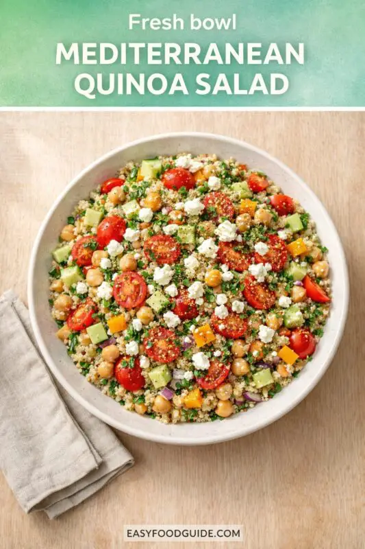 A colorful Mediterranean quinoa salad in a bowl, topped with cherry tomatoes, avocado, feta, chickpeas, and herbs, with a napkin beside it. Text reads "Fresh bowl Mediterranean Quinoa Salad."