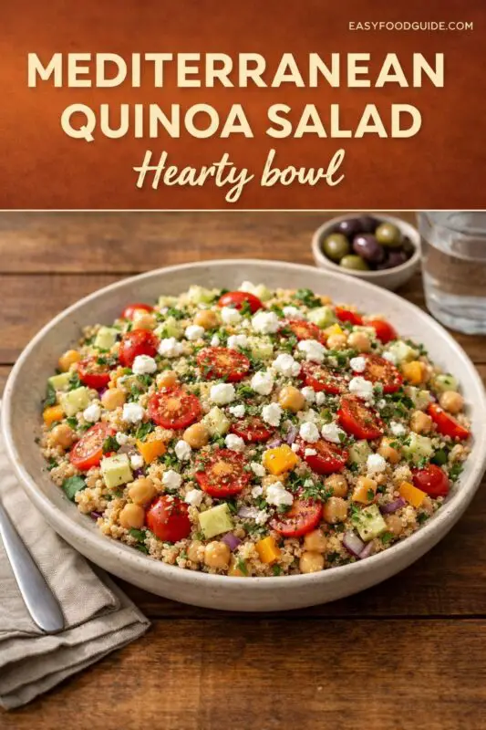 A vibrant Mediterranean quinoa salad in a bowl with cherry tomatoes, cucumber, chickpeas, and feta cheese on a wooden table. Text overlay reads "Mediterranean Quinoa Salad, Hearty bowl."