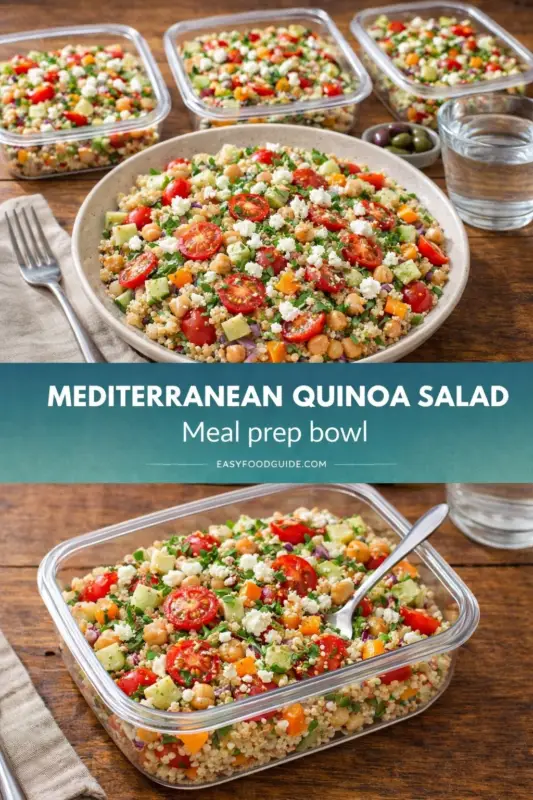 A colorful Mediterranean quinoa salad with cherry tomatoes, chickpeas, and herbs in a bowl. Four meal prep containers are filled similarly. A fork and glass of water are nearby.
