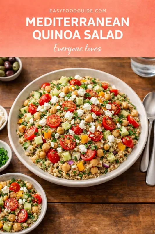 A Mediterranean quinoa salad in a large bowl on a wooden table, featuring cherry tomatoes, cucumbers, chickpeas, and feta. The setting is fresh and inviting.